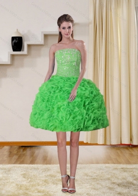 2015 Spring Green Strapless Short Prom Dresses with Beading and Ruffles