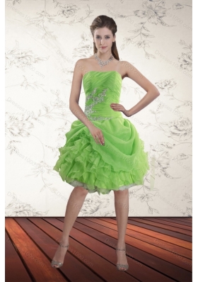 Spring Green Strapless Short Prom Dresses with Ruffles and Beading