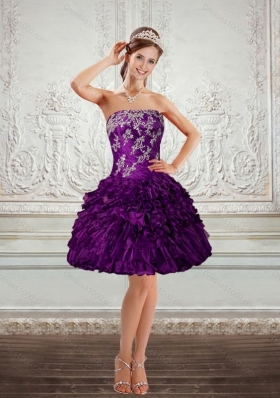 Dark Purple Strapless Sexy Prom Dresses with Embroidery and Ruffles