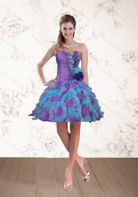 2015 Spring Sexy Sweetheart Beaded Multi Color Prom Dresses with Hand Made Flower