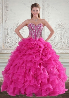 2015 Sweetheart Hot Pink Sweet 16 Dresses with Beading and Ruffles