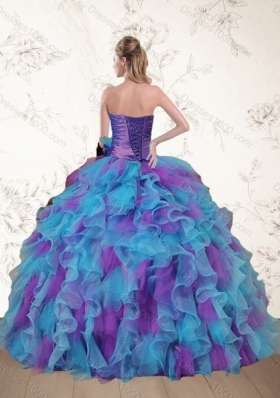 Cute Strapless Beading and Ruffles Multi Color Sweet 15 Dress