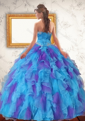 Trendy Ruffles and Sash Strapless Quinceanera Dress in Multi Color for 2015