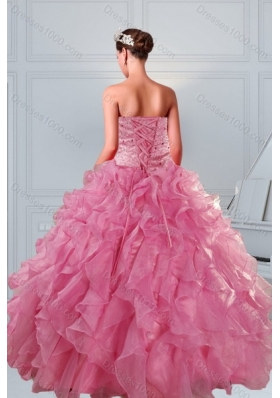 2015 Brand New Coral Red Sweet 16 Dresses with Beading and Ruffles