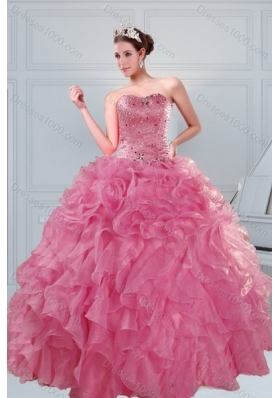 2015 Brand New Coral Red Sweet 16 Dresses with Beading and Ruffles