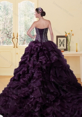 2015 Designer Sweetheart Burgundy Quinceanera Dress with Ruffles and Beading