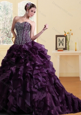 2015 Designer Sweetheart Burgundy Quinceanera Dress with Ruffles and Beading
