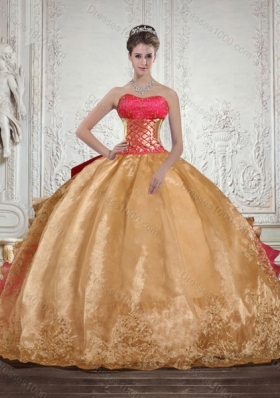 2015 Gold Strapless Quince Dress with Beading and Embroidery