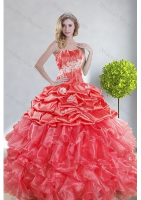 2015 GorgeousWatermelon Red Quinceanera Dresses with Appliques and Ruffles