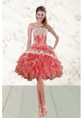 2015 New Style Strapless Appliques and Ruffles Quinceanera Dresses in Watermelon Red