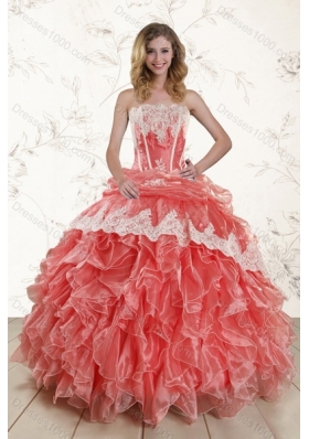 2015 New Style Strapless Appliques and Ruffles Quinceanera Dresses in Watermelon Red