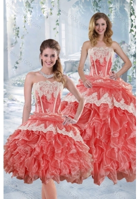 2015 New Style Strapless Appliques and Ruffles Quinceanera Dresses in Watermelon Red