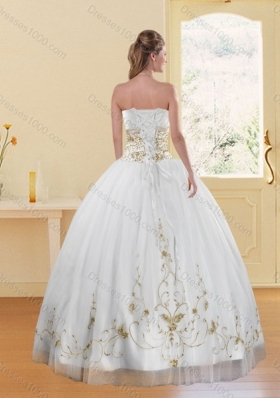 2015 New Style Strapless Embroidery White and Gold Dresses for Quinceanera