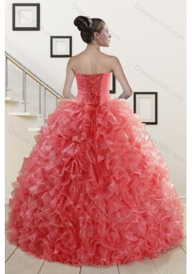 2015 Popular Watermelon Red Quince Dresses with Beading and Ruffles