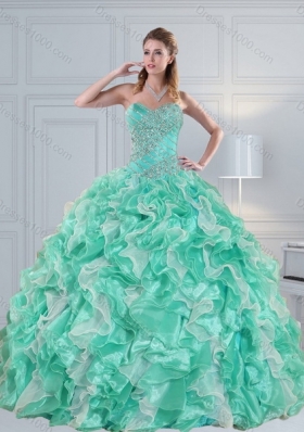 2015 Pretty Sweetheart Quinceanera Dresses in Apple Green with Ruffles and Beading