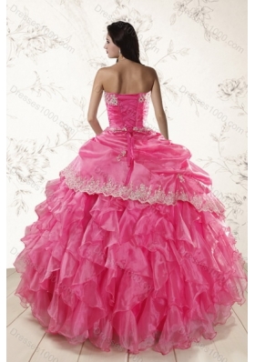 Beautiful Ruffles and Appliques Quince Dresses in Hot Pink