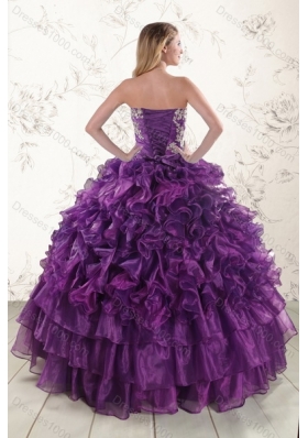 Designer Purple Strapless Appliques and Ruffles Quince Dresses for 2015