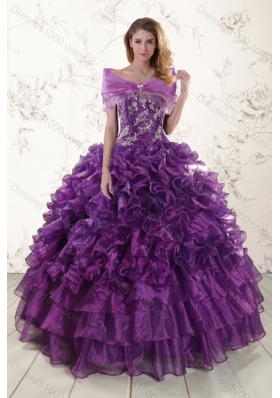 Designer Purple Strapless Appliques and Ruffles Quince Dresses for 2015