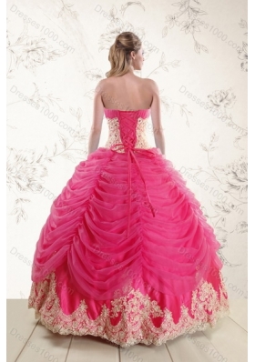 Fashionable 2015 Strapless Hot Pink Quinceanera Dresses with Beading and Lace