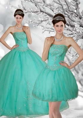 Fashionable Apple Green Strapless Quince Dress with Appliques and Beading for 2015