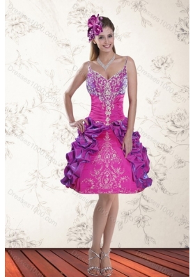 Multi Color Sweep Train 2015 Quince Dresses with Pick Ups and Embroidery