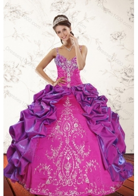 Multi Color Sweep Train 2015 Quince Dresses with Pick Ups and Embroidery