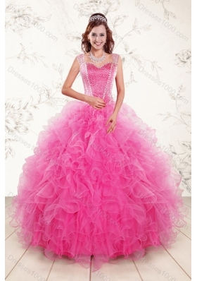 2015 Designer Hot Pink Quinceanera Dresses with Beading and Ruffles