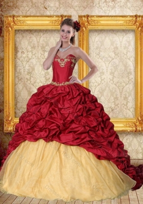 Designer 2015 Sweetheart Wine Red Brush Train Quinceanera Dress with Beading