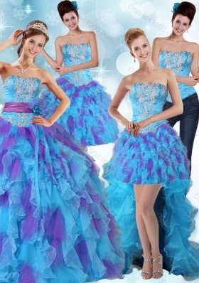 Detachable Multi Color Strapless Quinceanera Dress with Ruffles and Sash