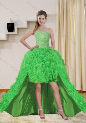 Detachable Spring Green Strapless Quinceanera Dress with Beading and Ruffles