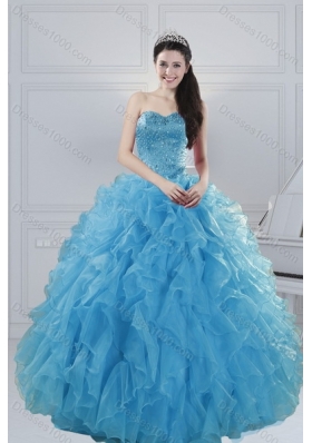 2015 Detachable Baby Blue Quince Dresses with Beading and Ruffles