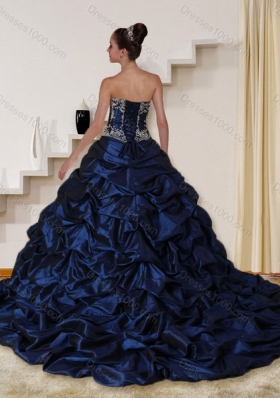 2015 Detachable Embroidery and Beaded Strapless Quinceanera Dress in Navy Blue