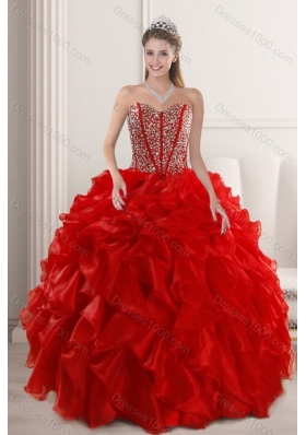 2015 Fashionable and Newest Beading and Ruffles Quince Dress in Red