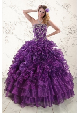 2015 Fashionable Purple Dresses for Quince with Appliques and Ruffles