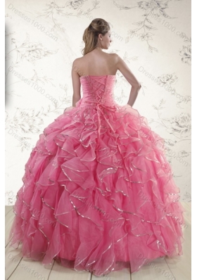 2015 Fashionable Rose Pink Quince Dresses with Paillette and Ruffles