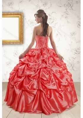 2015 Fashionable Strapless Coral Red Quinceanera Dresses with Pick Ups and Beading