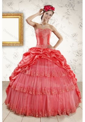 2015 Fashionable Strapless Coral Red Quinceanera Dresses with Pick Ups and Beading