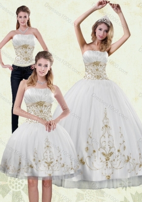 Detachable 2015 Strapless Embroidery White and Gold Quinceanera Dresses