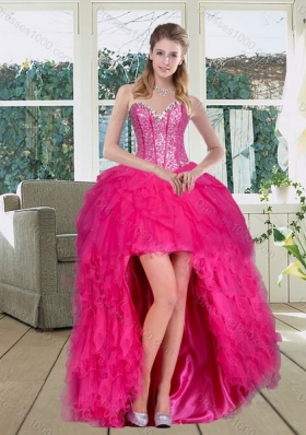 Detachable Hot Pink Sweetheart Dress for Quince with Ruffles and Beading