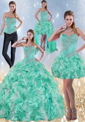 Detachable Sweetheart Quinceanera Dresses in Apple Green with Ruffles and Beading for 2015