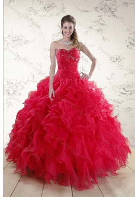 Fashionable Red Sweetheart Quince Dresses with Ruffles and Beading for 2015