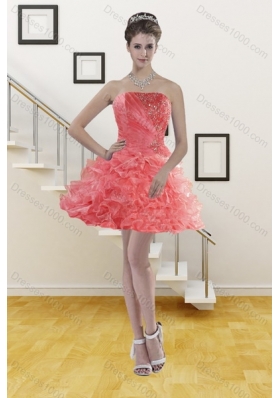 Fashionable Watermelon Red Strapless 2015 Quince Dresses with Beading and Ruffles