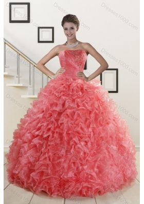 Fashionable Watermelon Red Strapless 2015 Quince Dresses with Beading and Ruffles