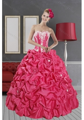 2015 Pretty Hot Pink Sweet 15 Dresses with Pick Ups and Appliques