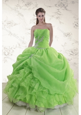 Fashionable 2015 Pick Ups and Beading Quince Gowns in Spring Green