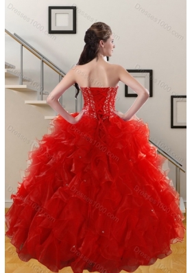 Fashionable 2015 Sweetheart Red Quince Gowns with Beading and Ruffles