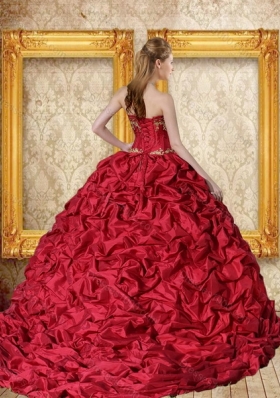 Fashionable 2015 Wine Red Brush Train Quinceanera Dress with Sweetheart