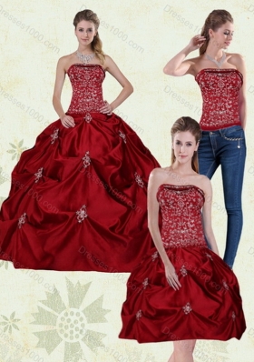 New Style Detachable Wine Red Strapless Quinceanera Gown with Embroidery