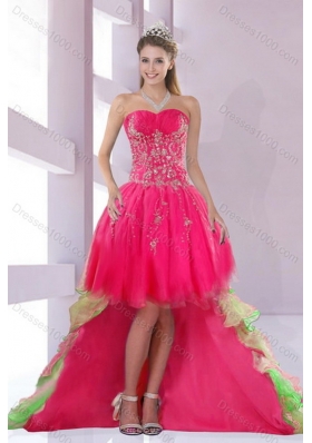 2015 New Style Elegant Strapless Hot Pink Dresses for Quince with Appliques