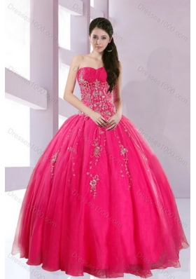 2015 New Style Elegant Strapless Hot Pink Dresses for Quince with Appliques